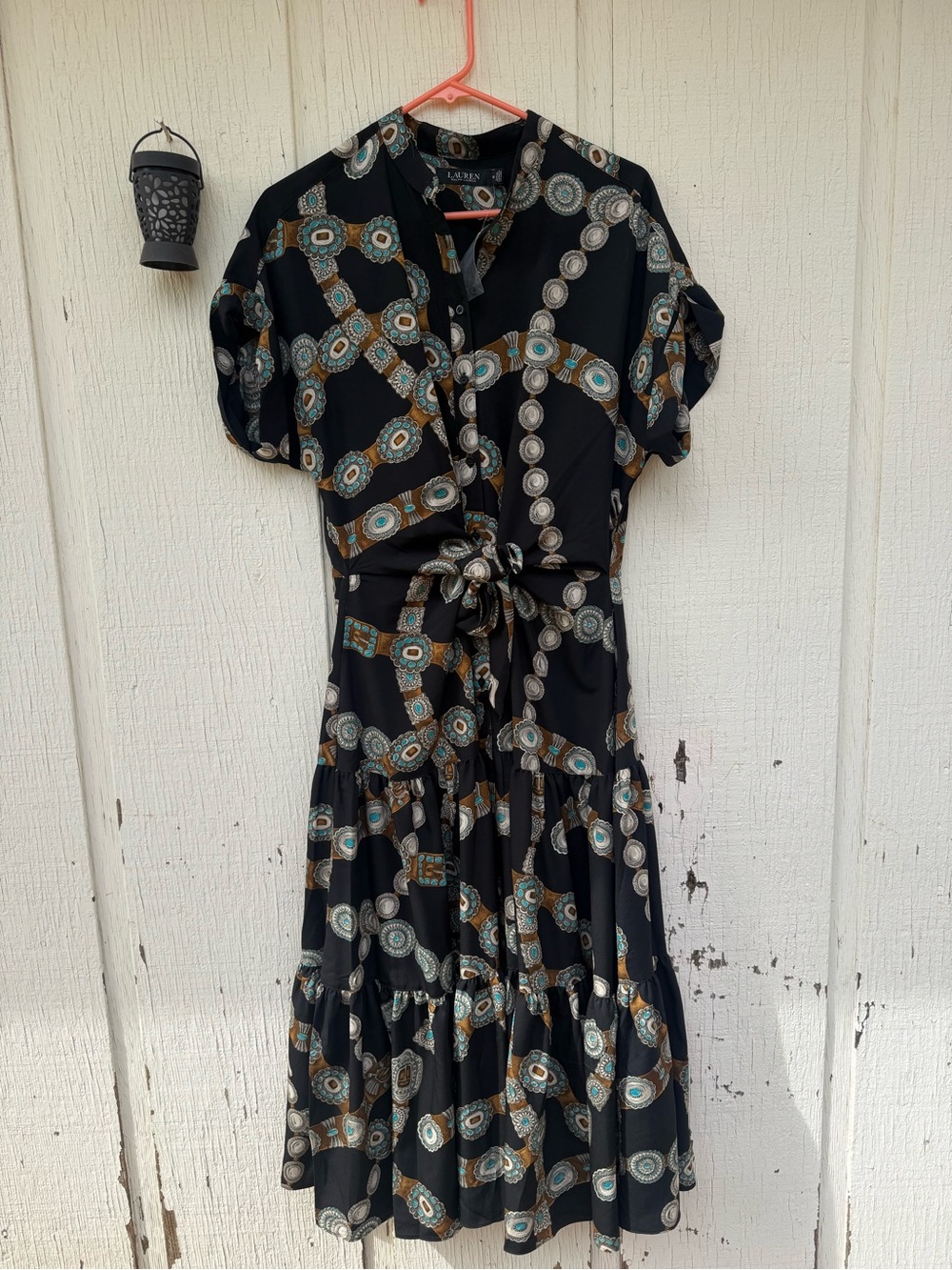 Lauren Ralph Lauren Black Western Concho Belt Print Tie-Waist Midi Dress